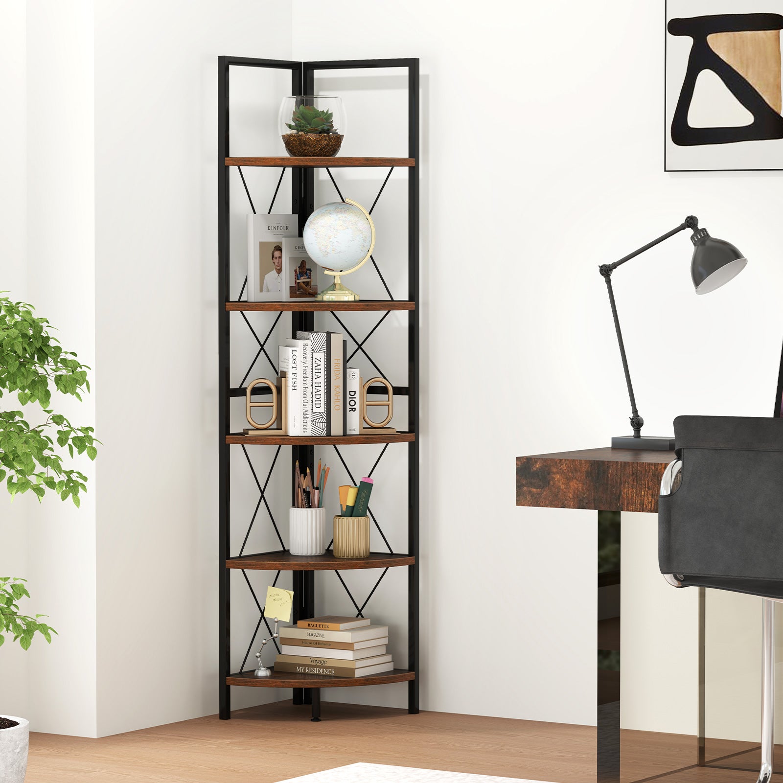 5-Tier Freestanding Corner Shelf 63 Inch Tall Storage Rack, Rustic Brown Bookcases at Gallery Canada