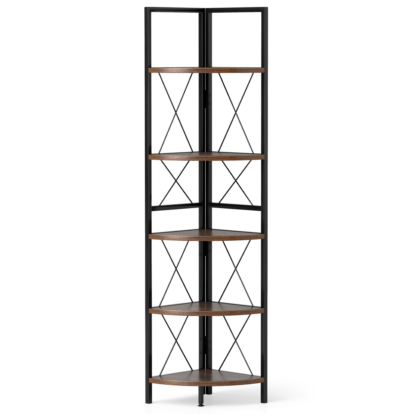 5-Tier Freestanding Corner Shelf 63 Inch Tall Storage Rack, Rustic Brown Bookcases Rustic Brown at Gallery Canada