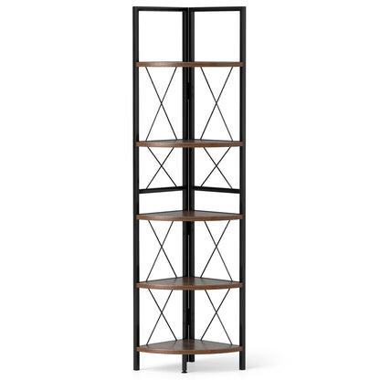 5-Tier Freestanding Corner Shelf 63 Inch Tall Storage Rack, Rustic Brown Bookcases Rustic Brown at Gallery Canada