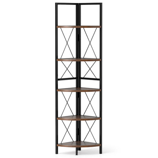 5-Tier Freestanding Corner Shelf 63 Inch Tall Storage Rack, Rustic Brown Bookcases Rustic Brown at Gallery Canada