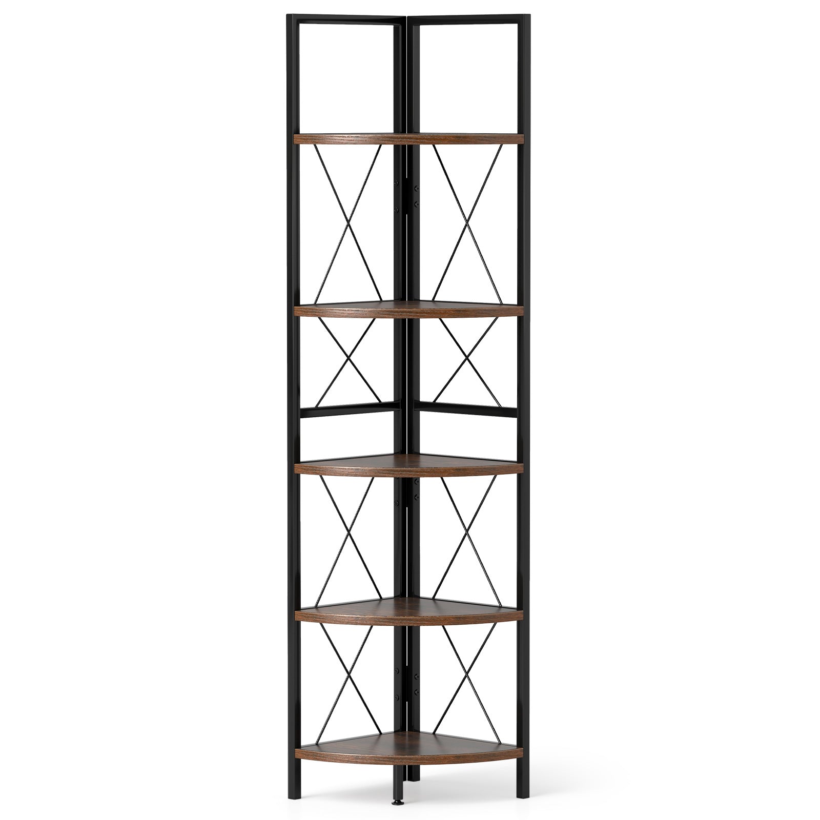 5-Tier Freestanding Corner Shelf 63 Inch Tall Storage Rack, Rustic Brown Bookcases at Gallery Canada