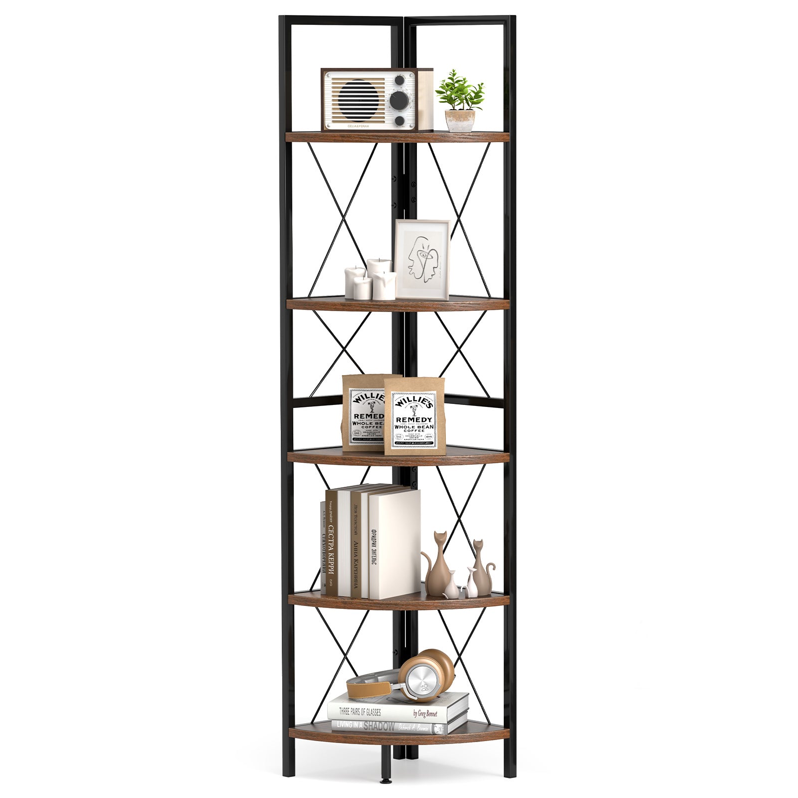 5-Tier Freestanding Corner Shelf 63 Inch Tall Storage Rack, Rustic Brown Bookcases at Gallery Canada