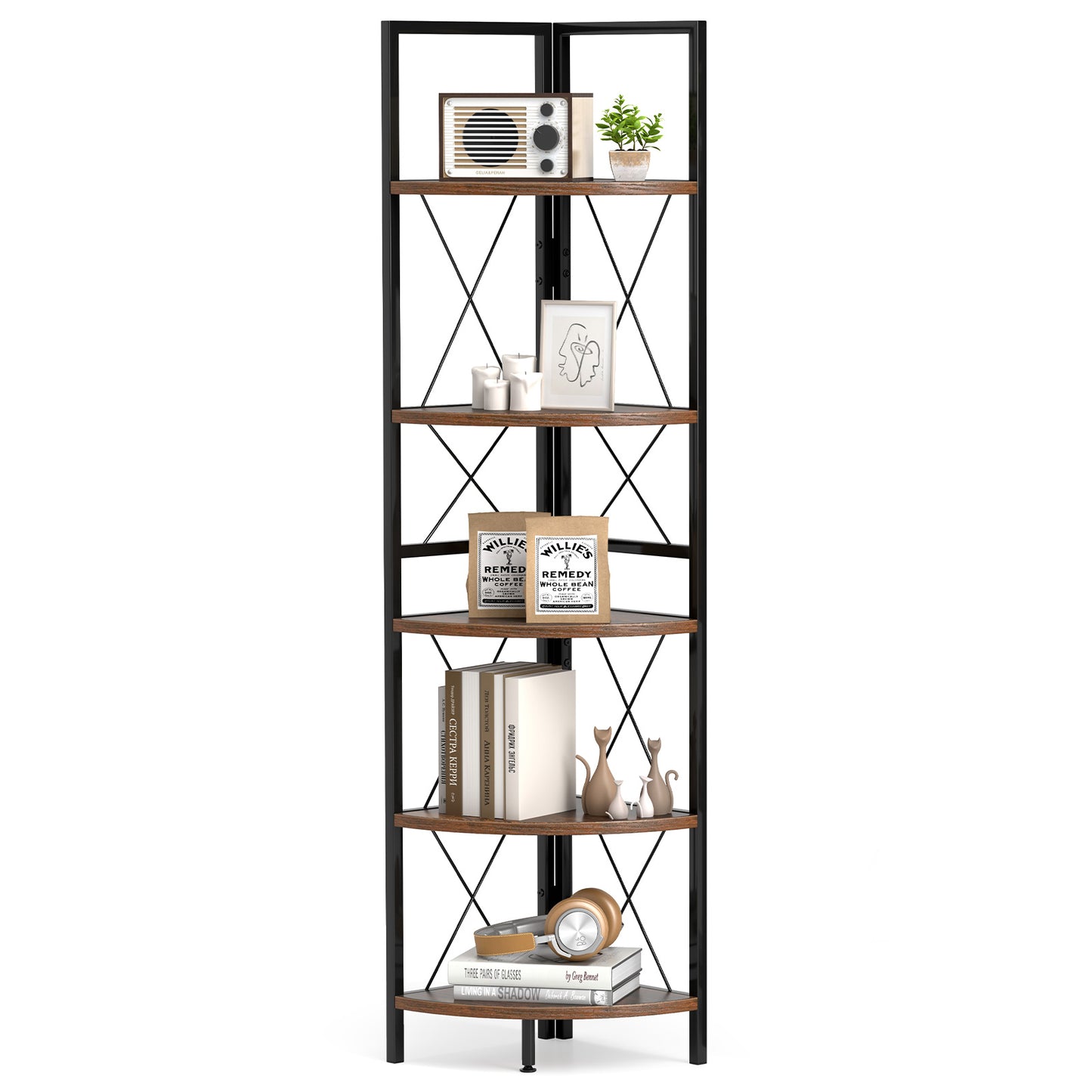 5-Tier Freestanding Corner Shelf 63 Inch Tall Storage Rack, Rustic Brown Bookcases at Gallery Canada
