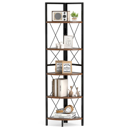 5-Tier Freestanding Corner Shelf 63 Inch Tall Storage Rack, Rustic Brown Bookcases at Gallery Canada