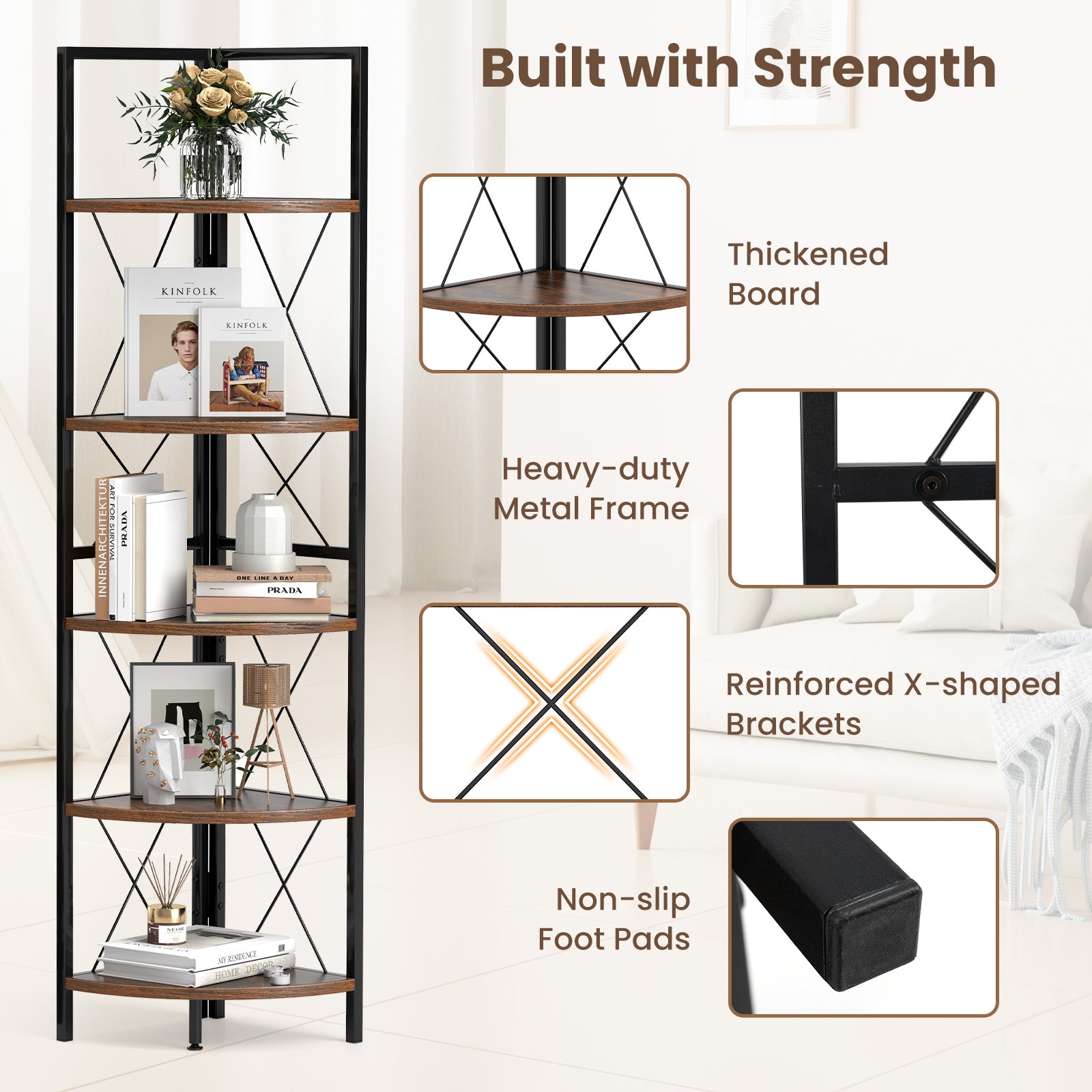 5-Tier Freestanding Corner Shelf 63 Inch Tall Storage Rack, Rustic Brown Bookcases at Gallery Canada