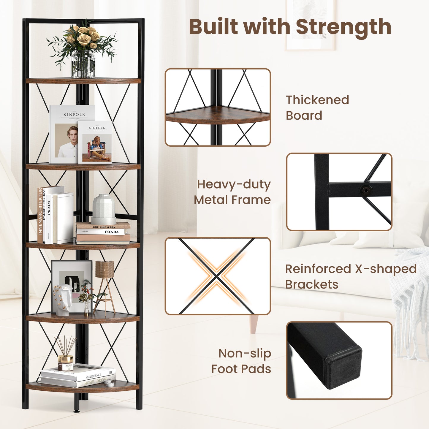 5-Tier Freestanding Corner Shelf 63 Inch Tall Storage Rack, Rustic Brown Bookcases at Gallery Canada