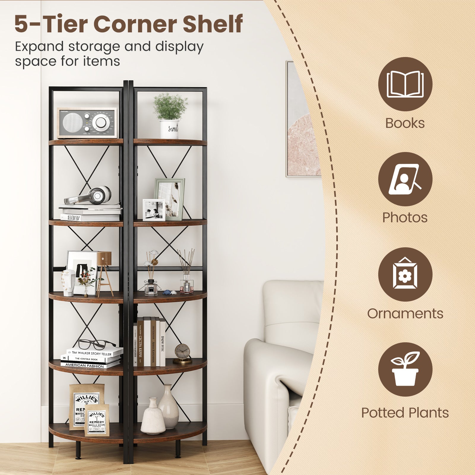 5-Tier Freestanding Corner Shelf 63 Inch Tall Storage Rack, Rustic Brown Bookcases at Gallery Canada