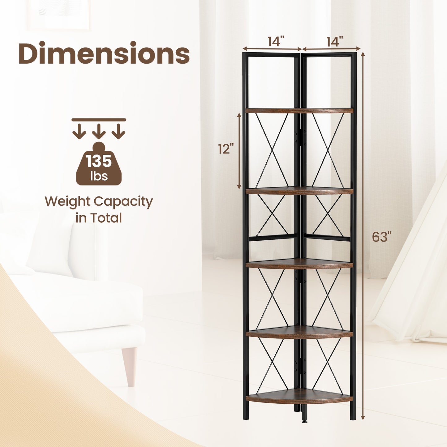 5-Tier Freestanding Corner Shelf 63 Inch Tall Storage Rack, Rustic Brown Bookcases at Gallery Canada