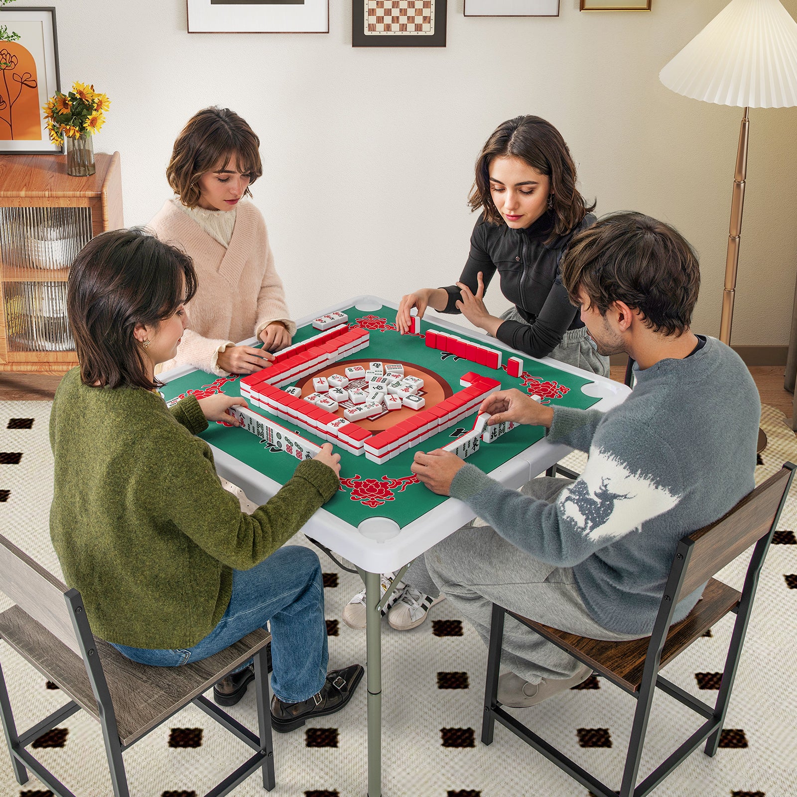35 Inch 4 Player Game Card Folding Mahjong Table with Cup Holders, Light Green Game Room at Gallery Canada