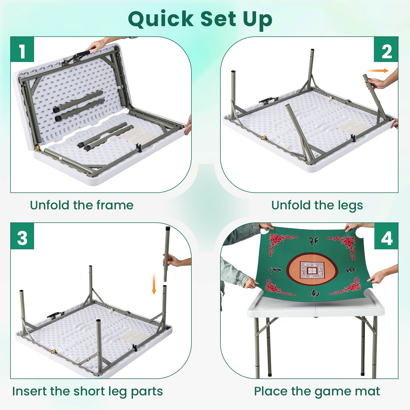 35 Inch 4 Player Game Card Folding Mahjong Table with Cup Holders, Light Green Game Room at Gallery Canada