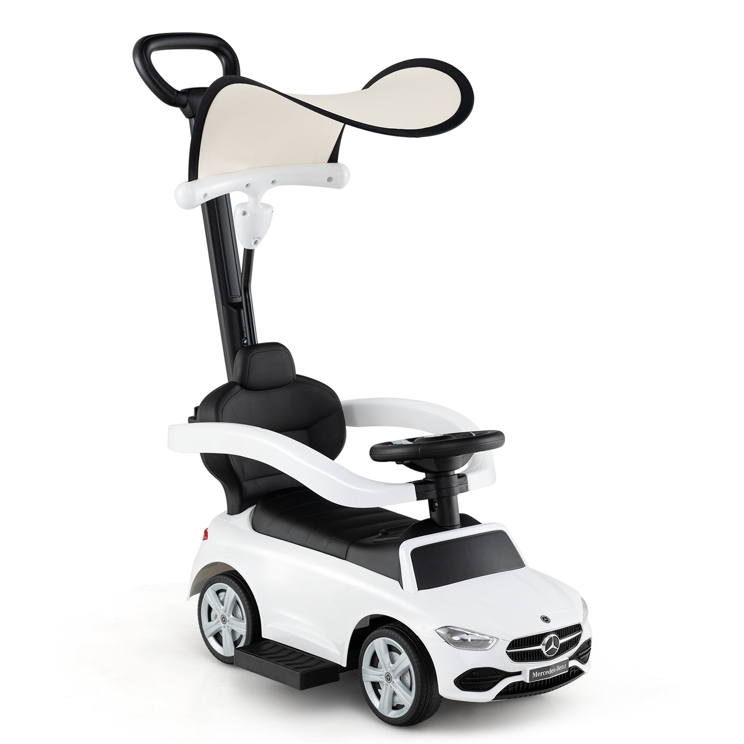 3-in-1 Ride on Push Car Mercedes-Benz Licensed Sliding Car with Canopy, White Push & Pedal Ride On Toys White at Gallery Canada