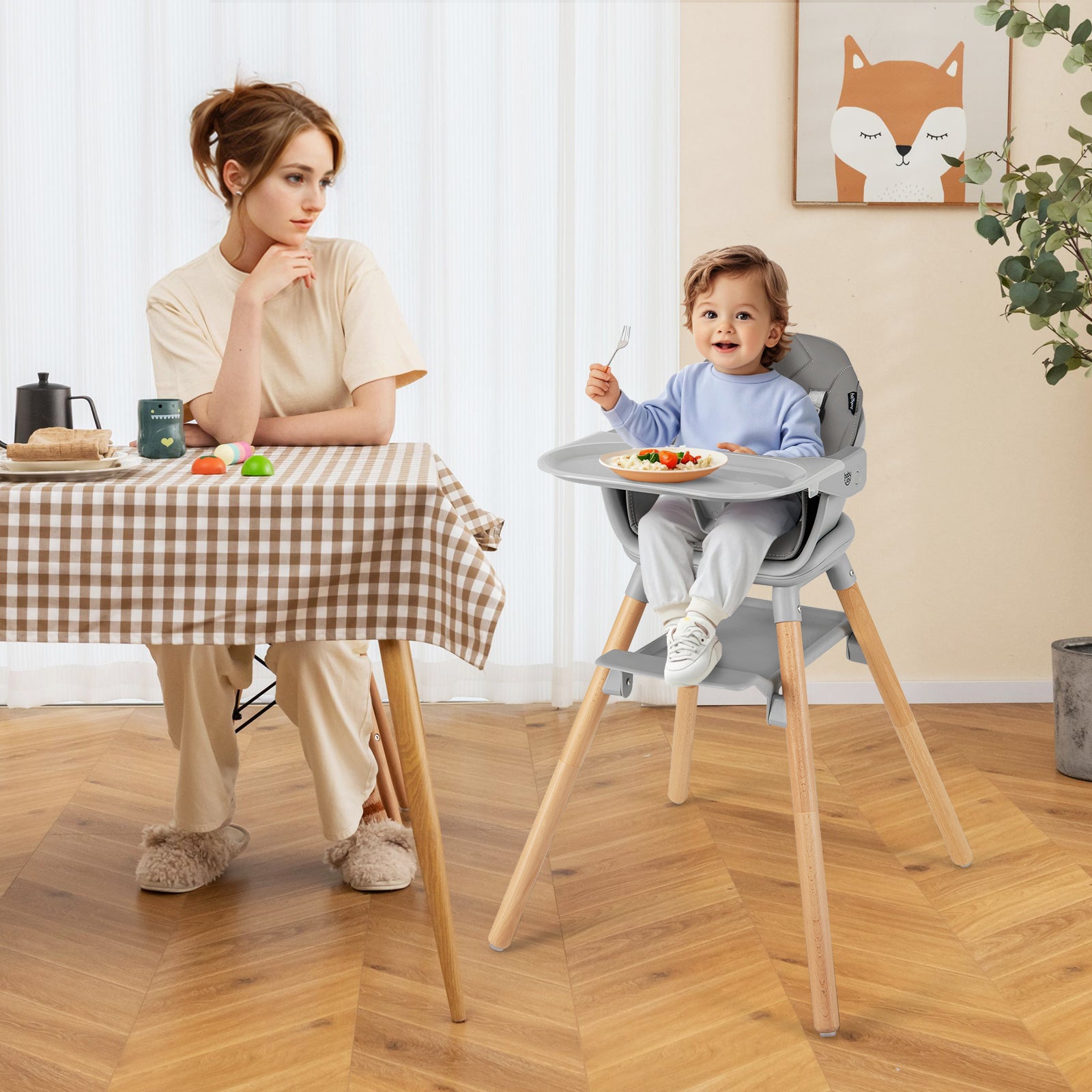 6 in 1 Convertible Highchair with Safety Harness and Removable Tray, Gray High Chairs at Gallery Canada