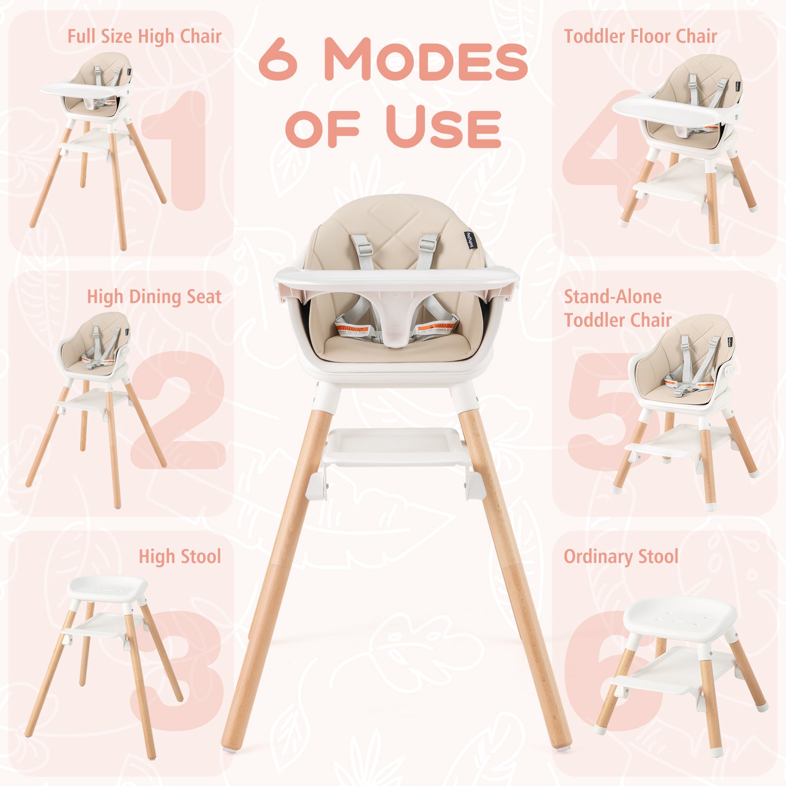 6 in 1 Convertible Highchair with Safety Harness and Removable Tray, Beige High Chairs at Gallery Canada