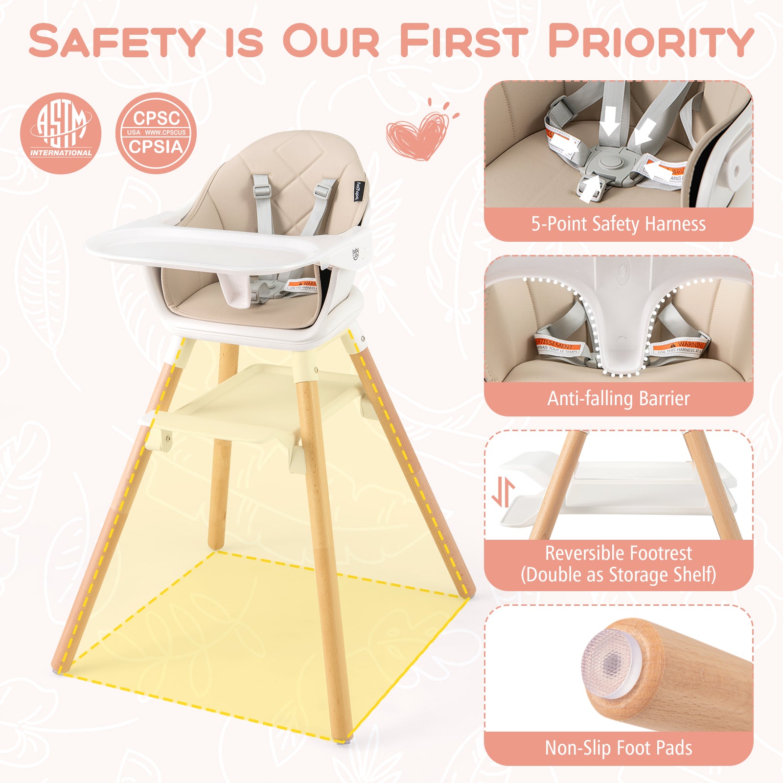 6 in 1 Convertible Highchair with Safety Harness and Removable Tray, Beige High Chairs at Gallery Canada