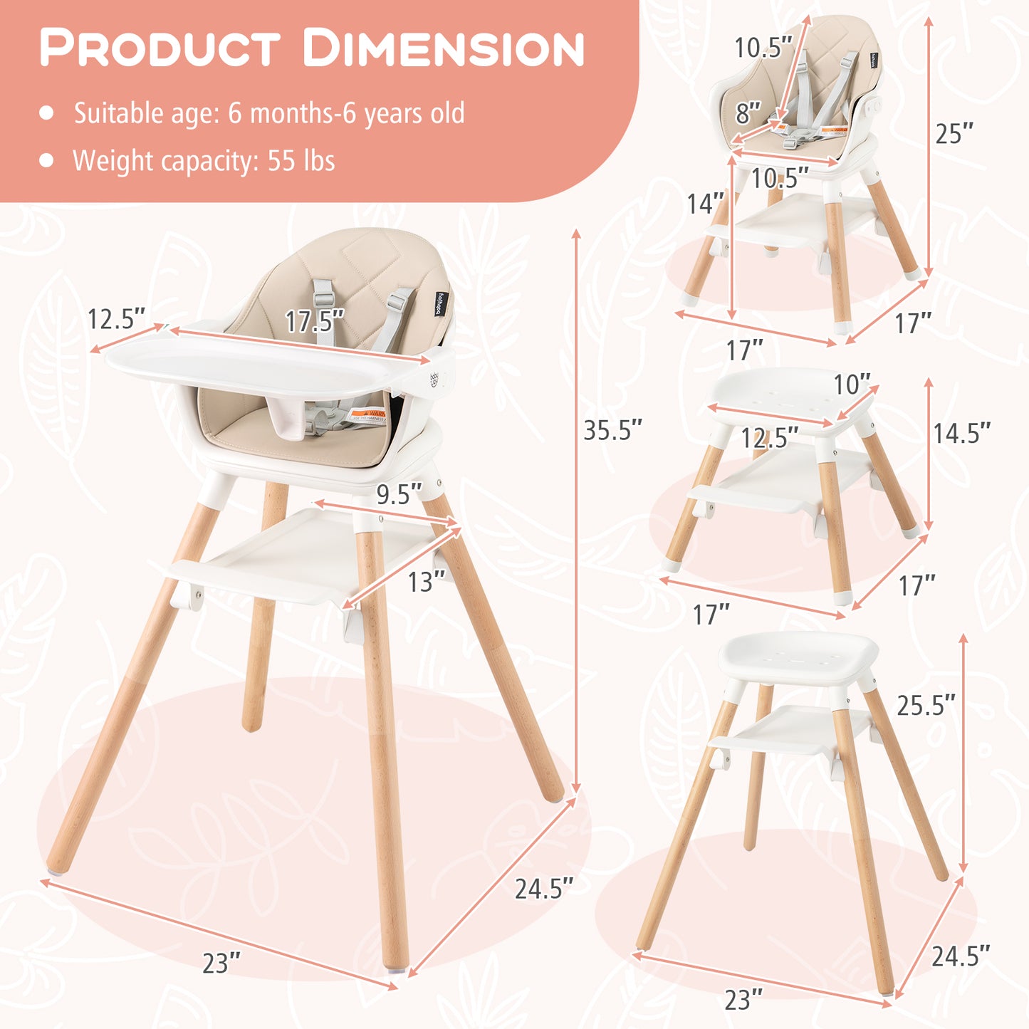 6 in 1 Convertible Highchair with Safety Harness and Removable Tray, Beige High Chairs at Gallery Canada