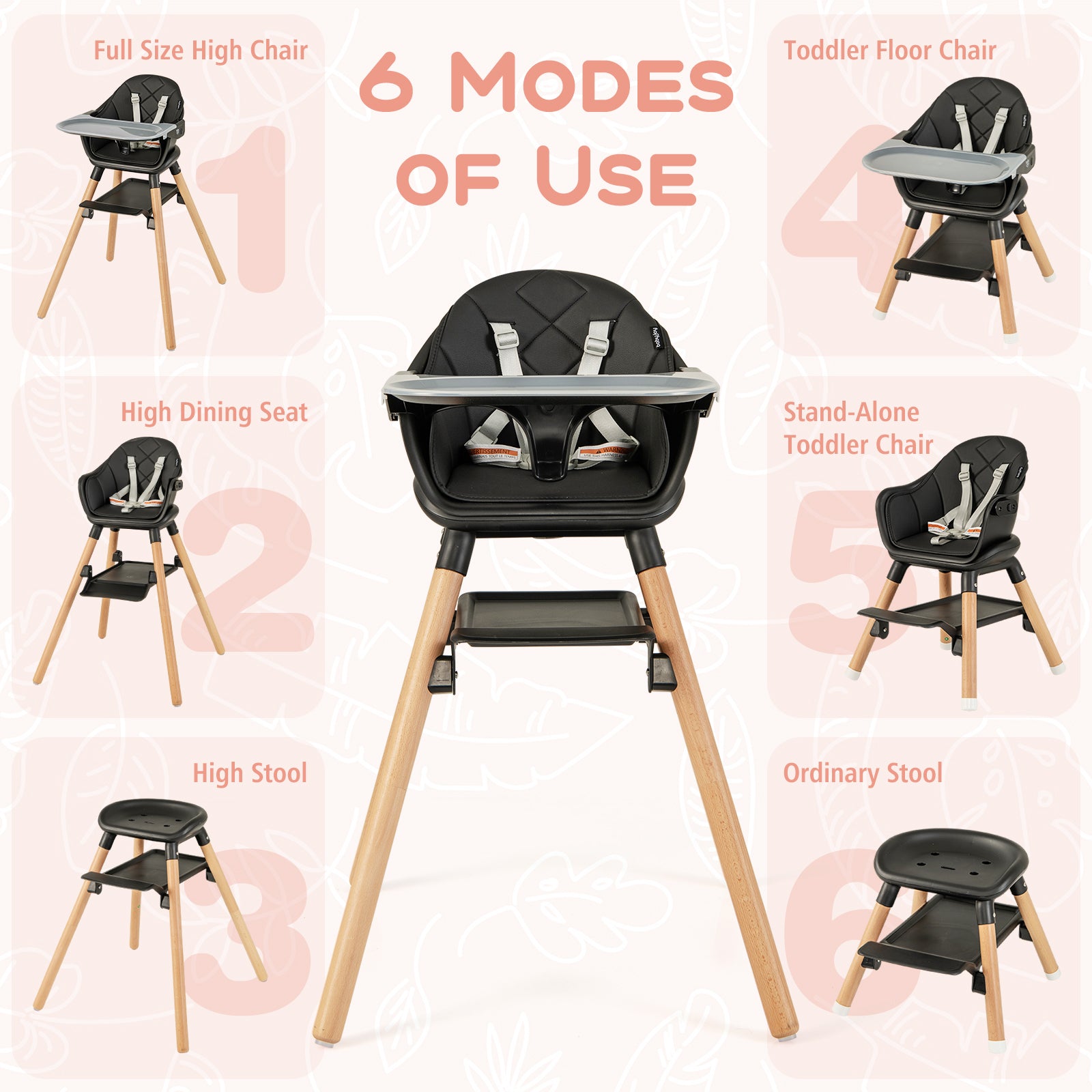 6 in 1 Convertible Highchair with Safety Harness and Removable Tray, Black High Chairs at Gallery Canada