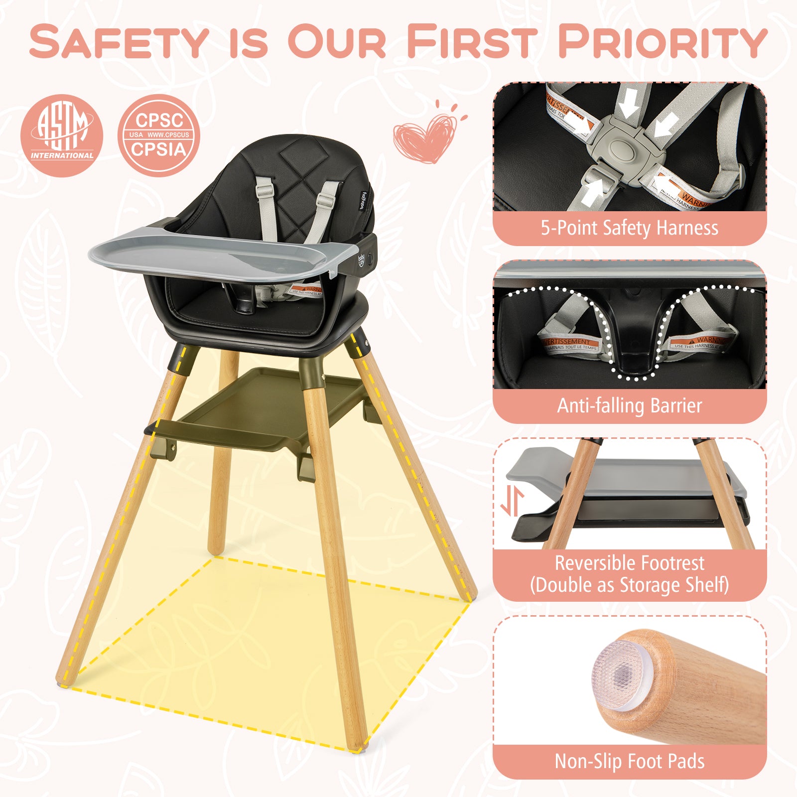 6 in 1 Convertible Highchair with Safety Harness and Removable Tray, Black High Chairs at Gallery Canada