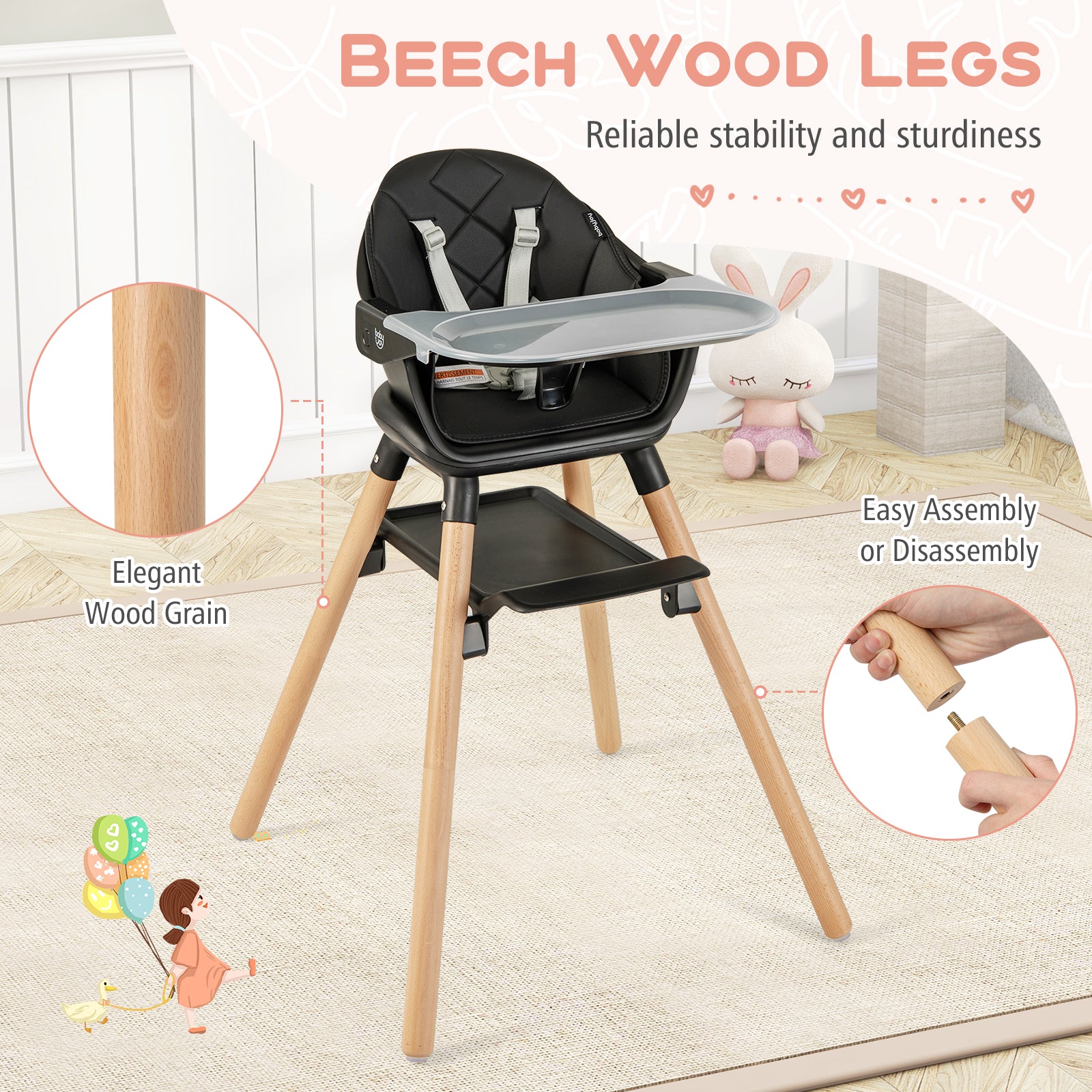 6 in 1 Convertible Highchair with Safety Harness and Removable Tray, Black High Chairs at Gallery Canada