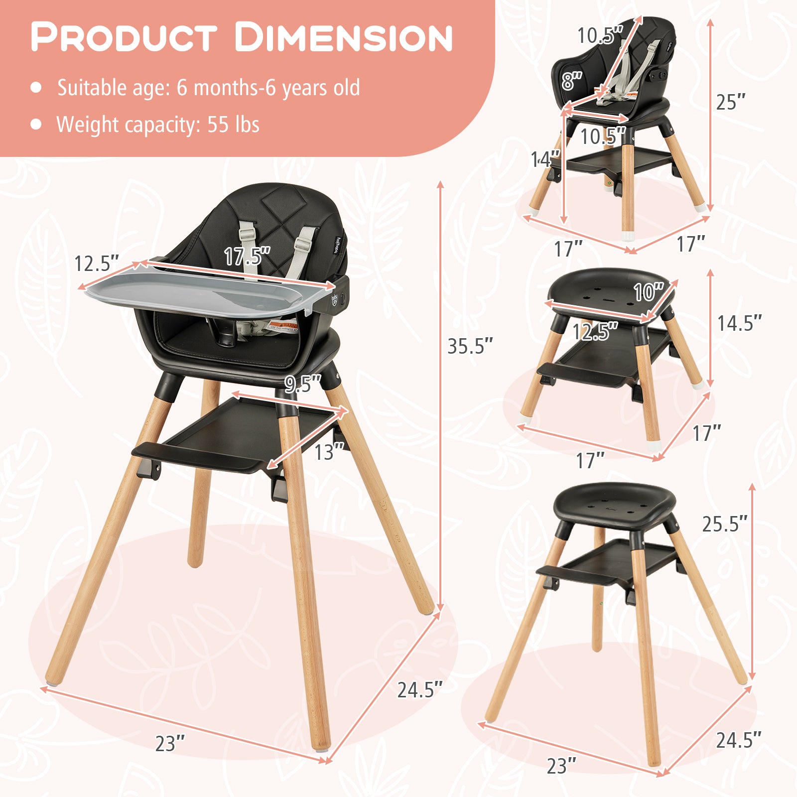 6 in 1 Convertible Highchair with Safety Harness and Removable Tray, Black High Chairs at Gallery Canada
