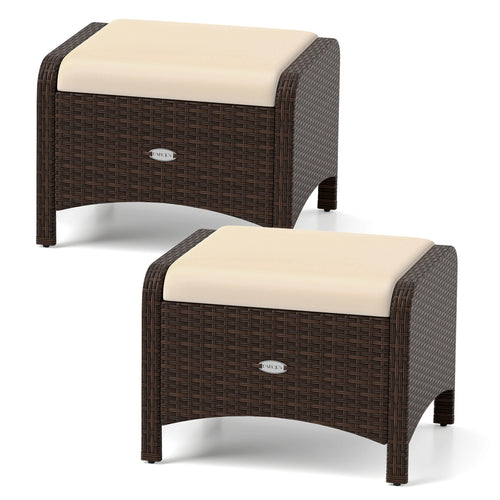 2 Pieces Outdoor Patio PE Wicker Ottomans with Removable Cushions, Beige