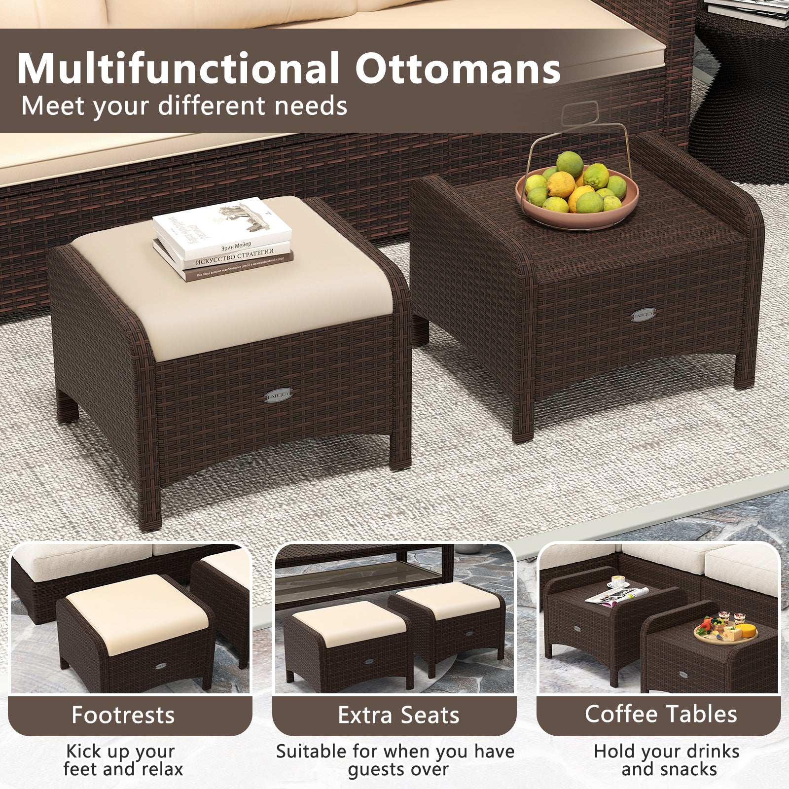 2 Pieces Outdoor Patio PE Wicker Ottomans with Removable Cushions, Beige Outdoor Seating & Patio Chairs at Gallery Canada