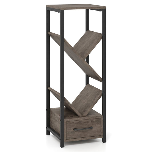 4 Tier Floor Tree Bookshelf, With Drawer And Metal Frame, Gray