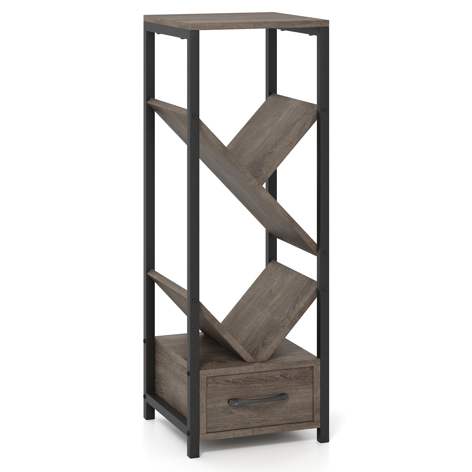 4 Tier Floor Tree Bookshelf, With Drawer And Metal Frame, Gray Bookcases at Gallery Canada