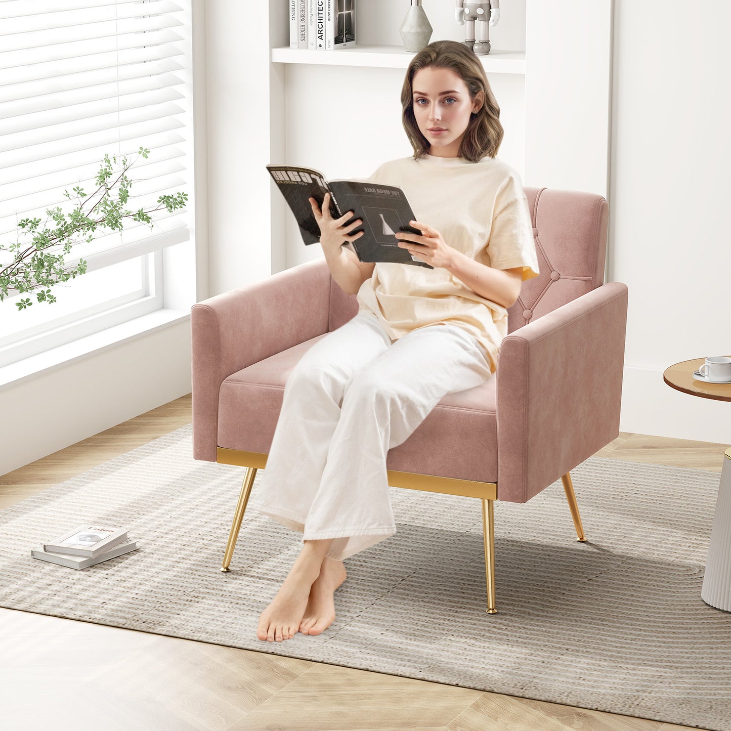 Modern Velvet Accent Chair with Button Tufted Back Golden Metal Legs and Adjustable Foot Pads, Pink Accent Chairs at Gallery Canada