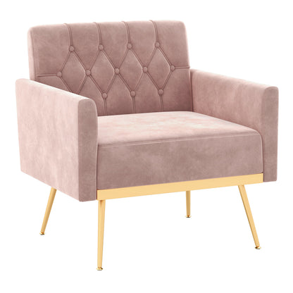 Modern Velvet Accent Chair with Button Tufted Back Golden Metal Legs and Adjustable Foot Pads, Pink Accent Chairs at Gallery Canada