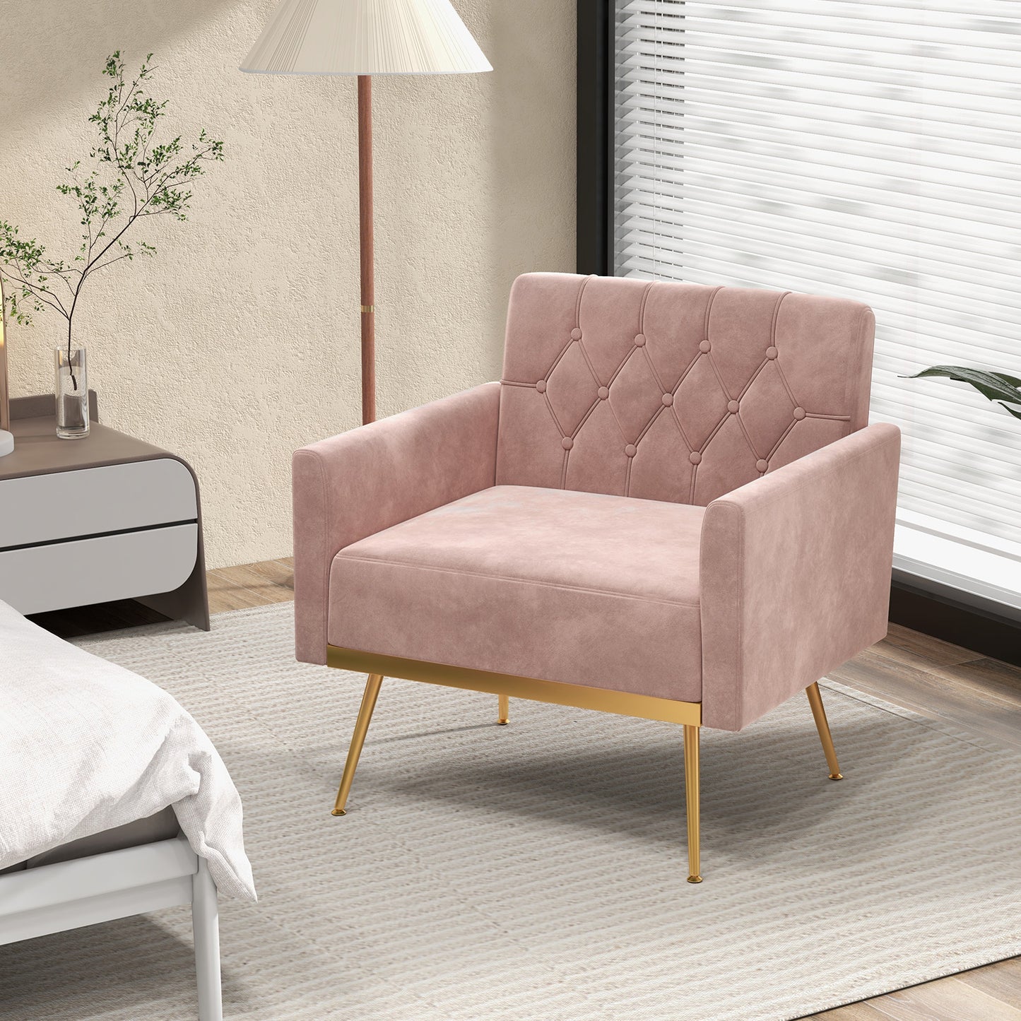 Modern Velvet Accent Chair with Button Tufted Back Golden Metal Legs and Adjustable Foot Pads, Pink Accent Chairs at Gallery Canada