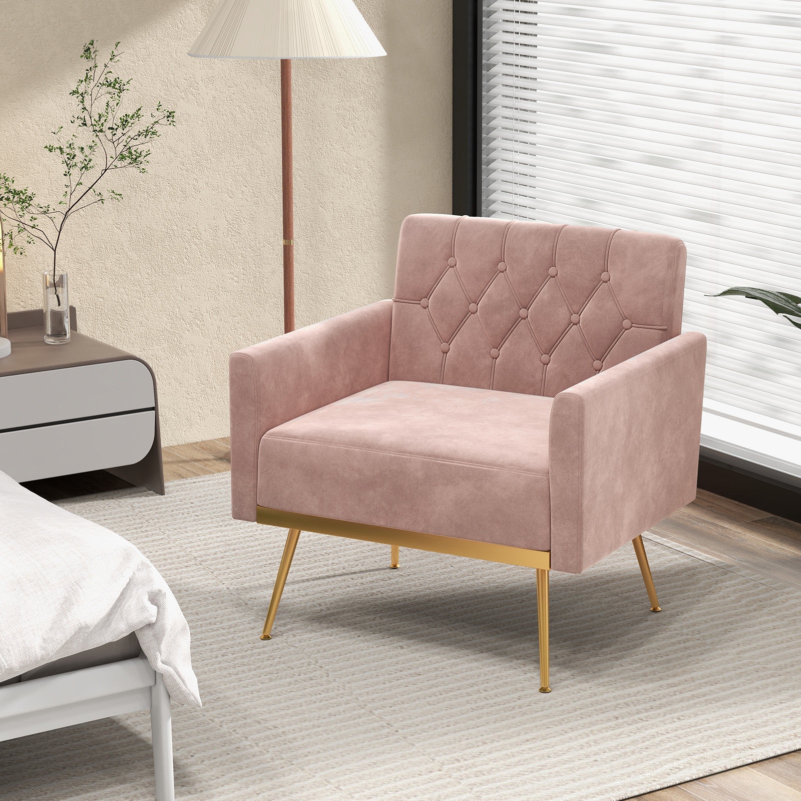 Modern Velvet Accent Chair with Button Tufted Back Golden Metal Legs and Adjustable Foot Pads, Pink Accent Chairs at Gallery Canada