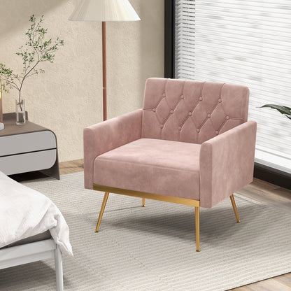 Modern Velvet Accent Chair with Button Tufted Back Golden Metal Legs and Adjustable Foot Pads, Pink Accent Chairs at Gallery Canada