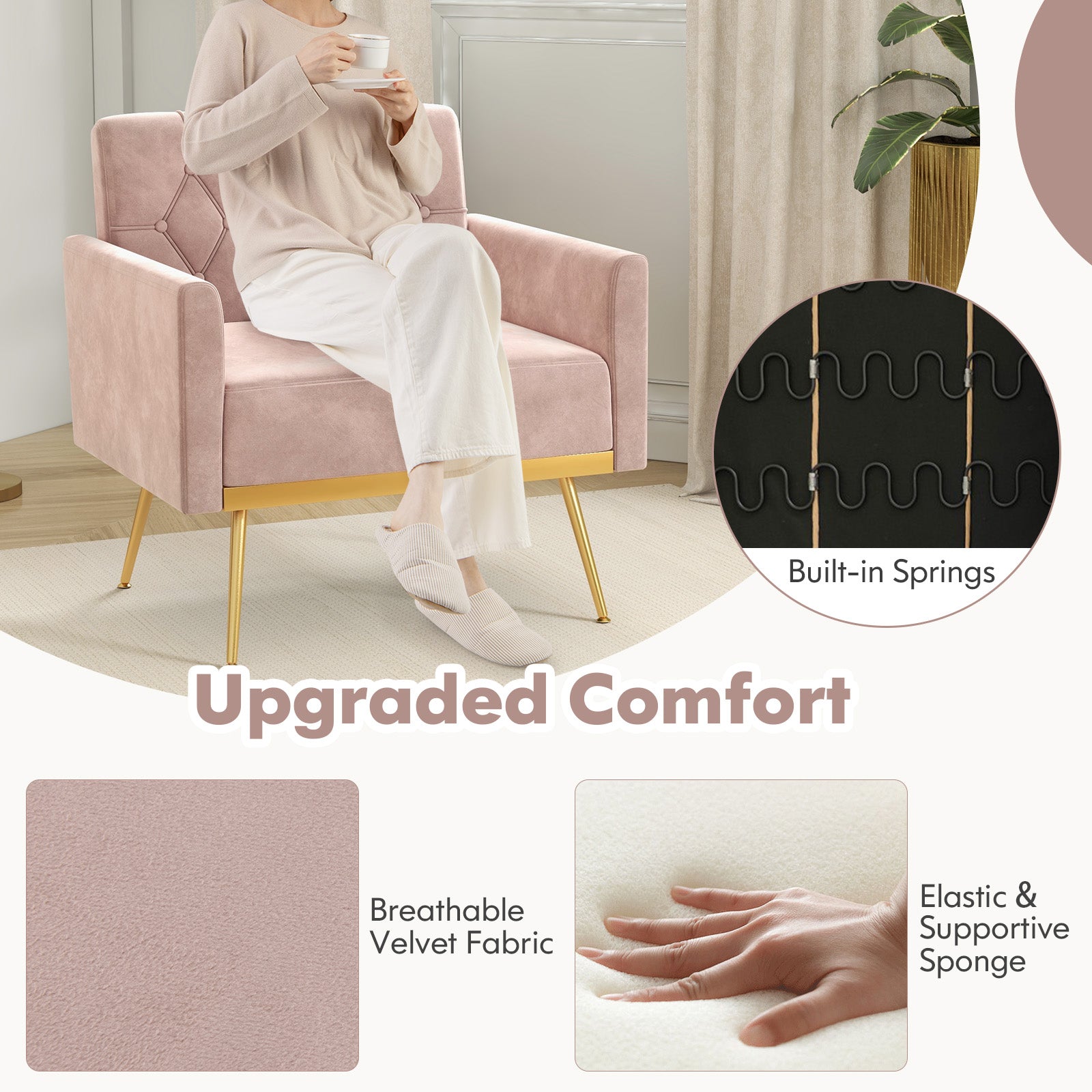 Modern Velvet Accent Chair with Button Tufted Back Golden Metal Legs and Adjustable Foot Pads, Pink Accent Chairs at Gallery Canada