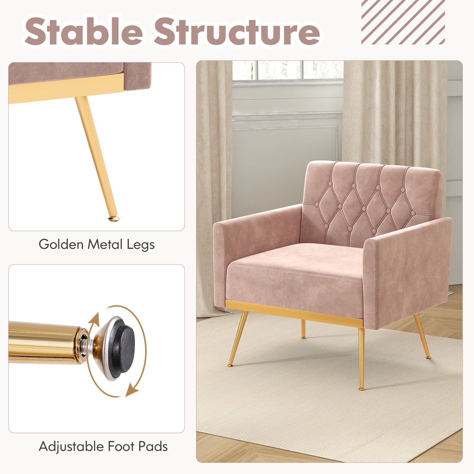 Modern Velvet Accent Chair with Button Tufted Back Golden Metal Legs and Adjustable Foot Pads, Pink Accent Chairs at Gallery Canada
