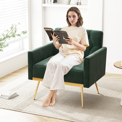 Modern Velvet Accent Chair with Button Tufted Back Golden Metal Legs and Adjustable Foot Pads, Green Accent Chairs at Gallery Canada
