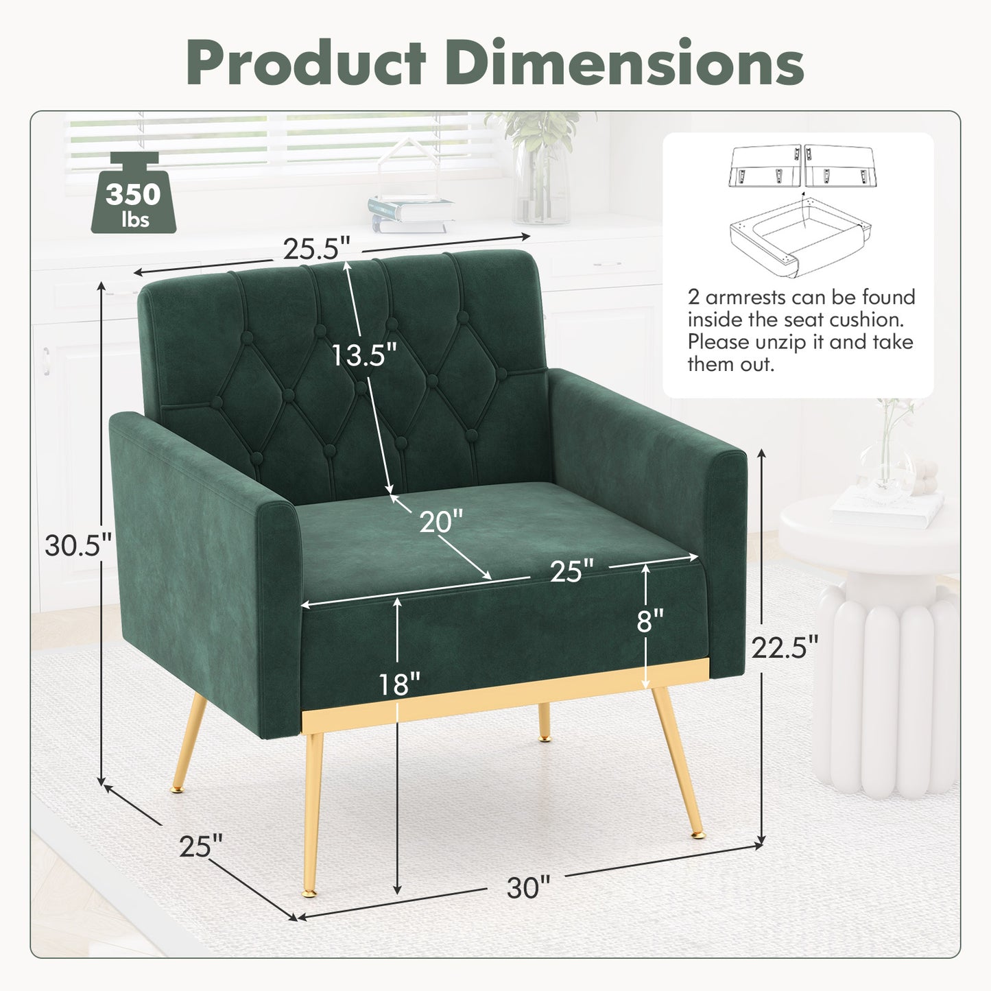 Modern Velvet Accent Chair with Button Tufted Back Golden Metal Legs and Adjustable Foot Pads, Green Accent Chairs at Gallery Canada