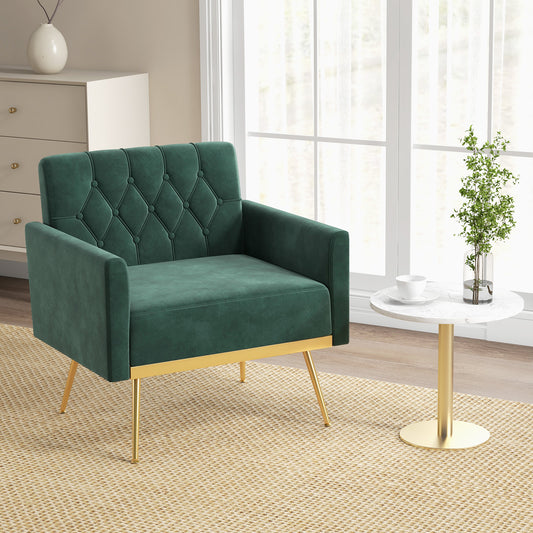 Modern Velvet Accent Chair with Button Tufted Back Golden Metal Legs and Adjustable Foot Pads, Green Accent Chairs Green at Gallery Canada