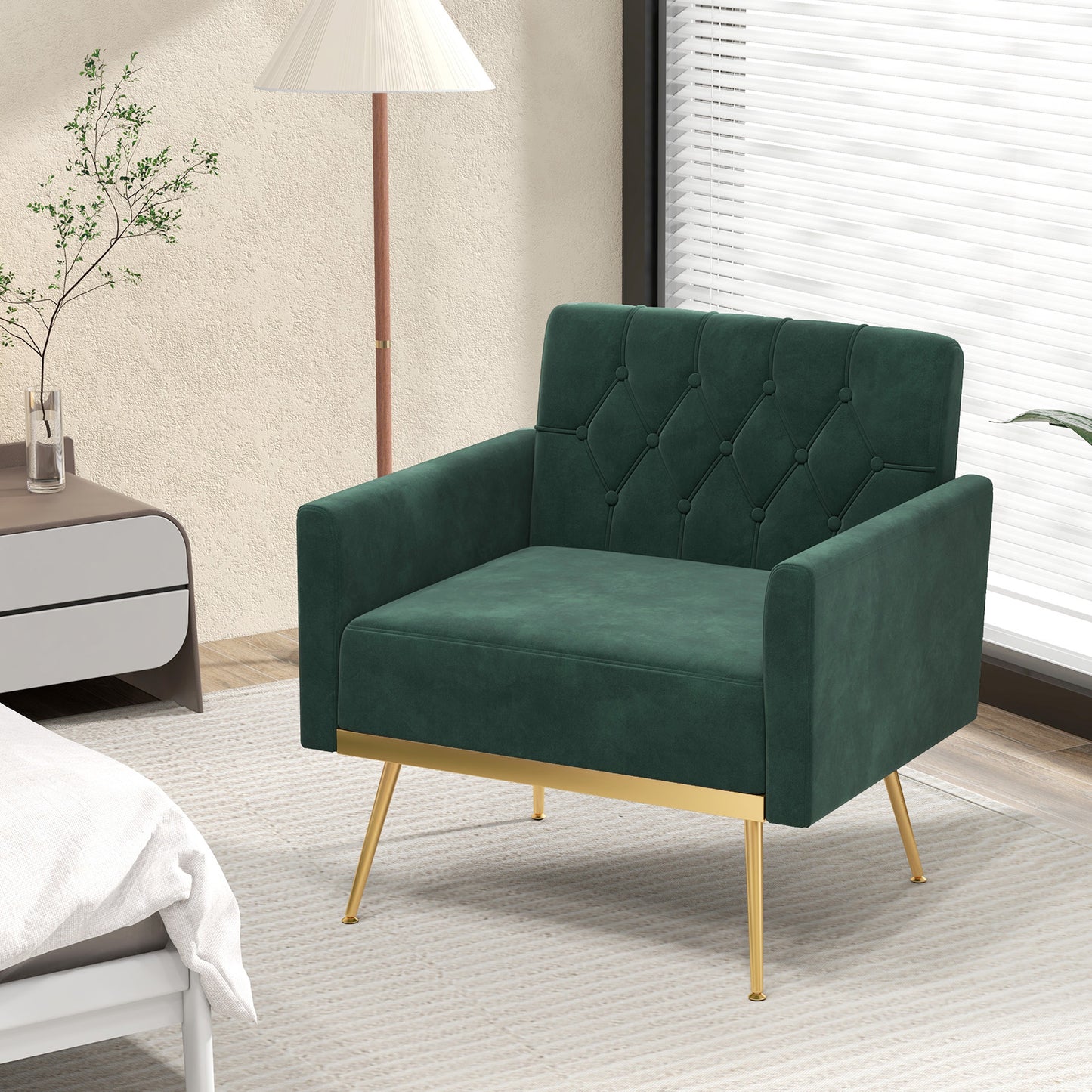 Modern Velvet Accent Chair with Button Tufted Back Golden Metal Legs and Adjustable Foot Pads, Green Accent Chairs at Gallery Canada