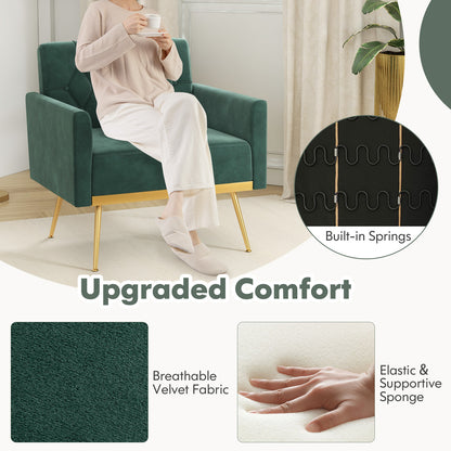 Modern Velvet Accent Chair with Button Tufted Back Golden Metal Legs and Adjustable Foot Pads, Green Accent Chairs at Gallery Canada