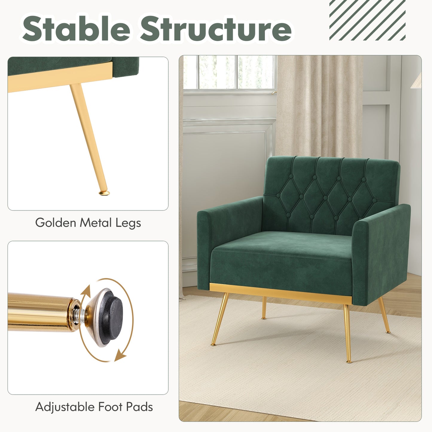 Modern Velvet Accent Chair with Button Tufted Back Golden Metal Legs and Adjustable Foot Pads, Green Accent Chairs at Gallery Canada