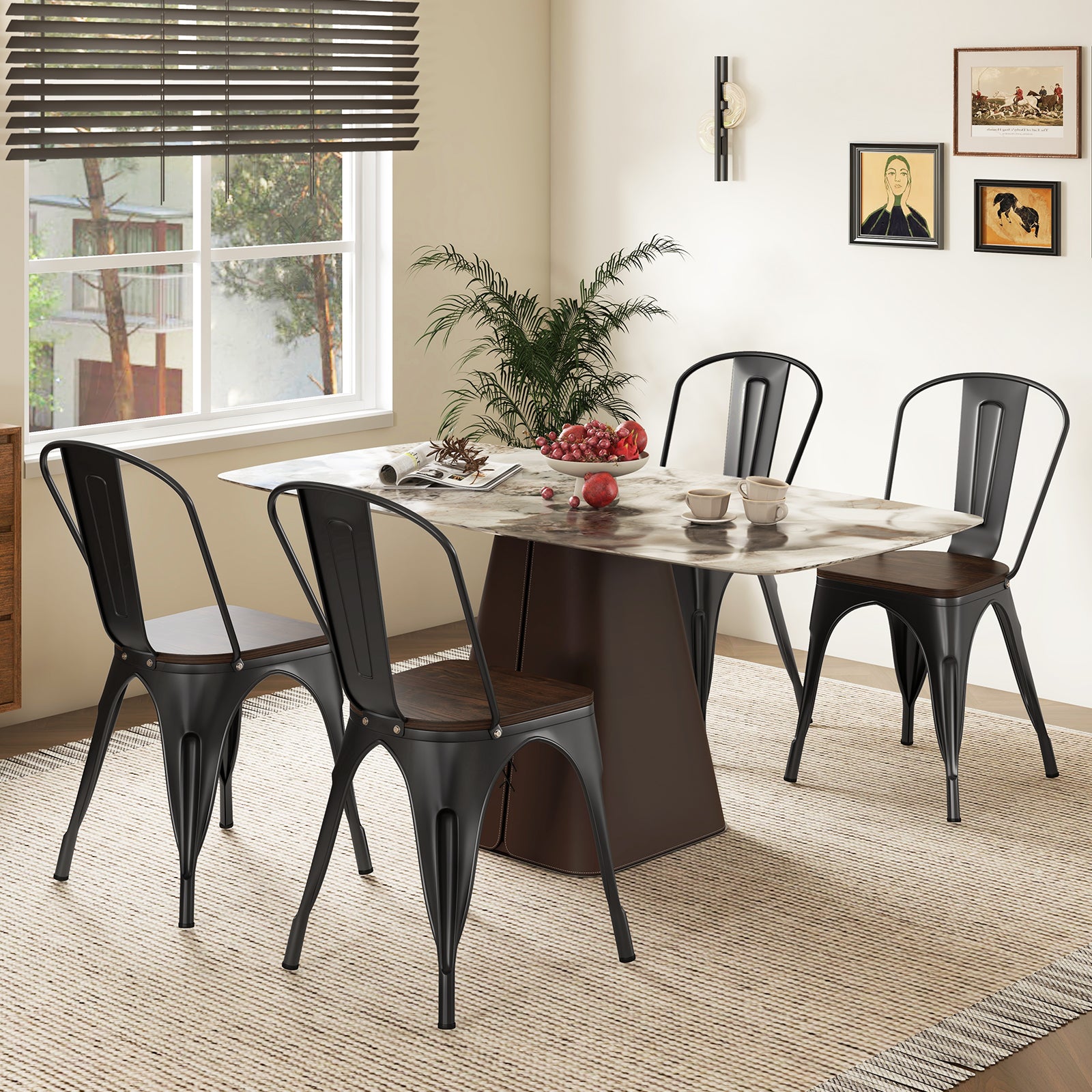 Metal Dining Chairs, Set of 4, Stackable, Wood Seat, Black Dining Chairs at Gallery Canada