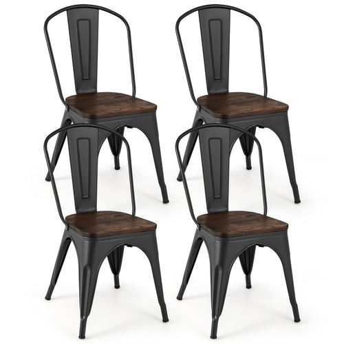 Metal Dining Chairs, Set of 4, Stackable, Wood Seat, Black