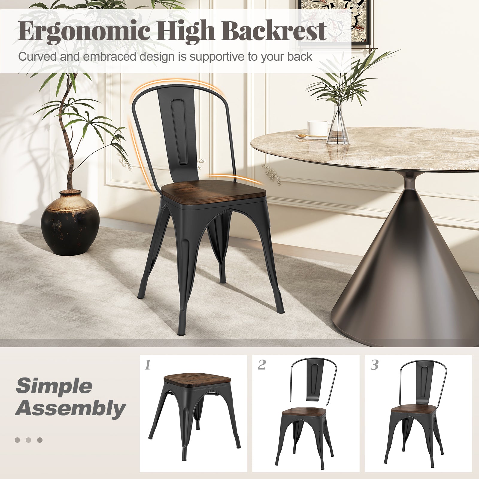 Metal Dining Chairs, Set of 4, Stackable, Wood Seat, Black Dining Chairs at Gallery Canada