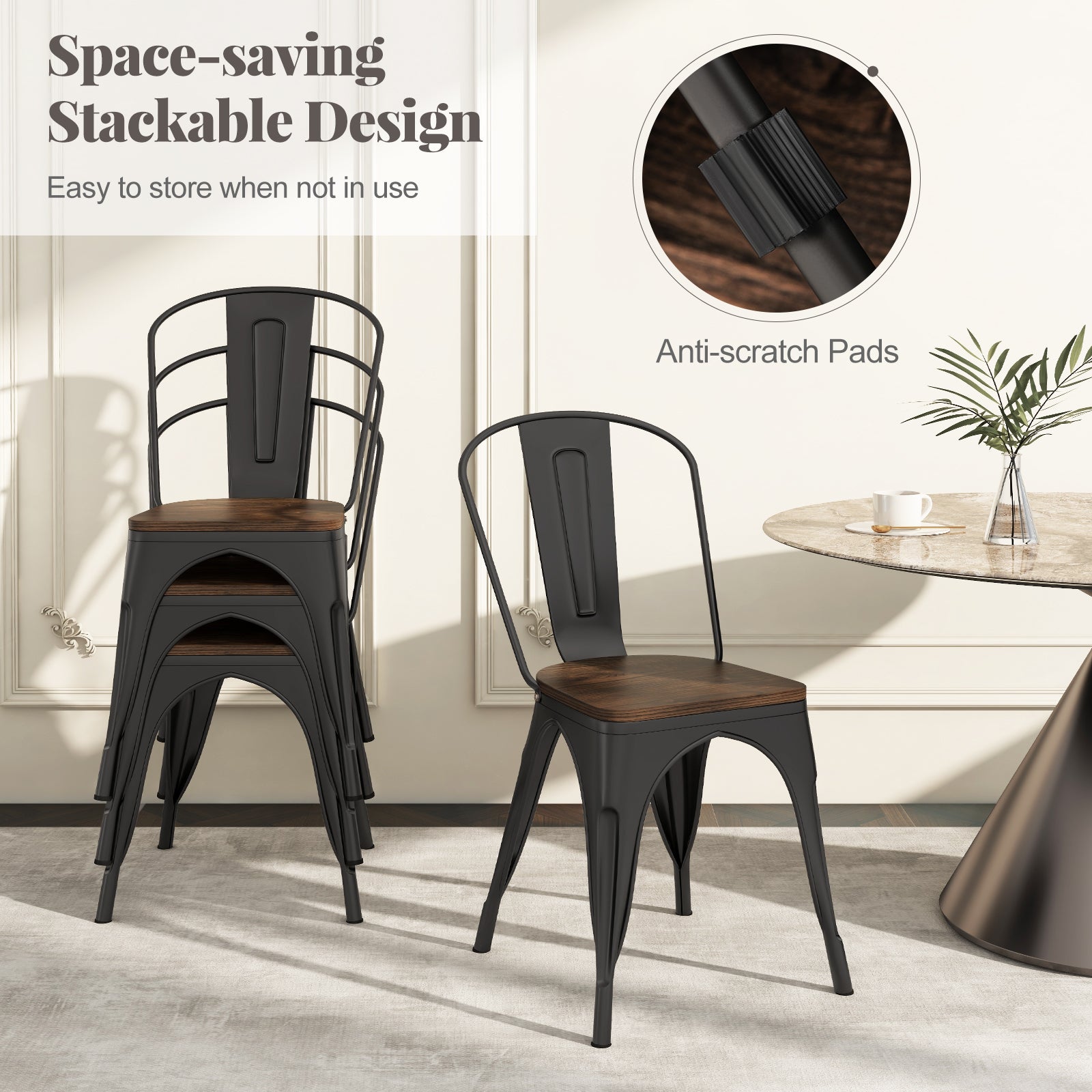 Metal Dining Chairs, Set of 4, Stackable, Wood Seat, Black Dining Chairs at Gallery Canada