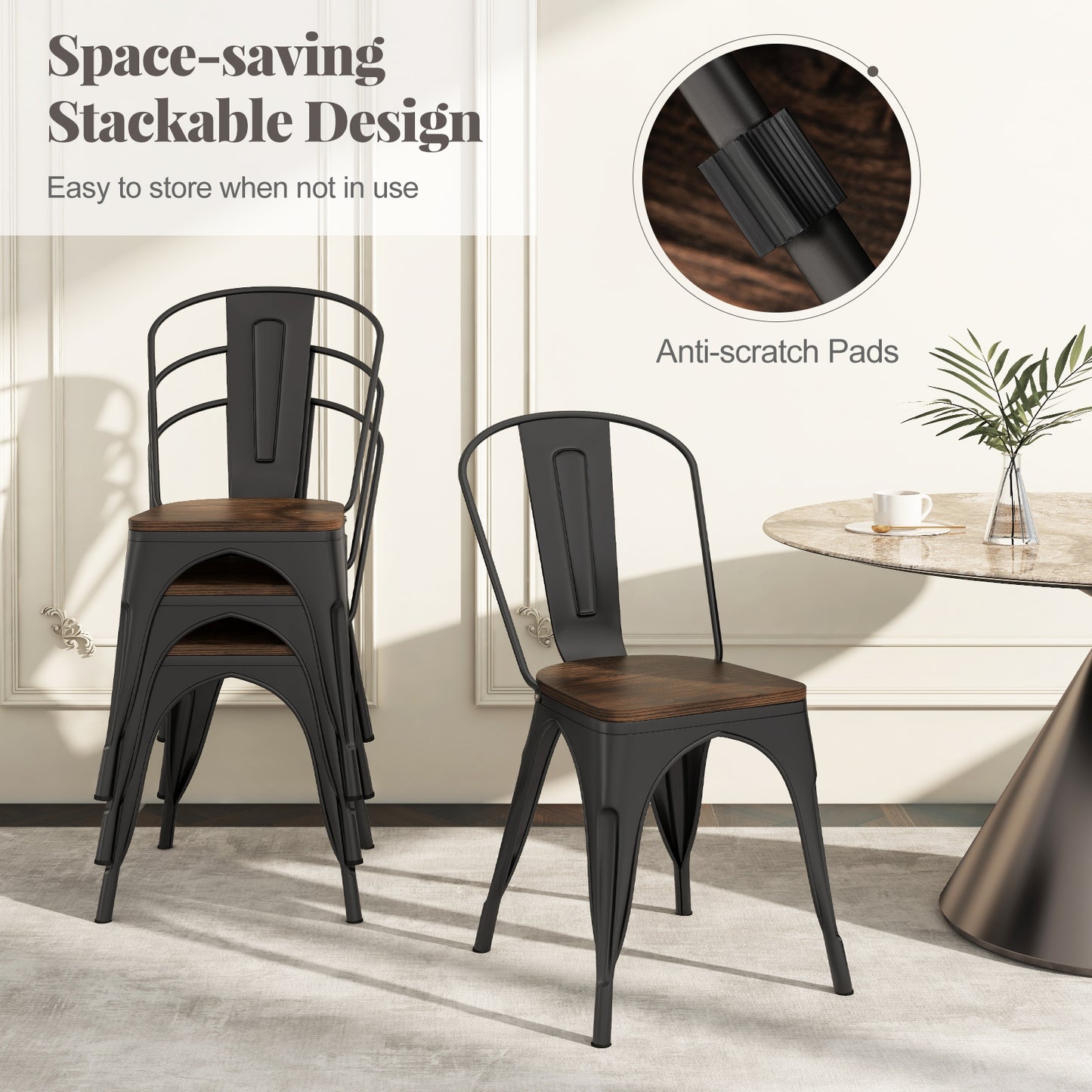 Metal Dining Chairs, Set of 4, Stackable, Wood Seat, Black Dining Chairs at Gallery Canada