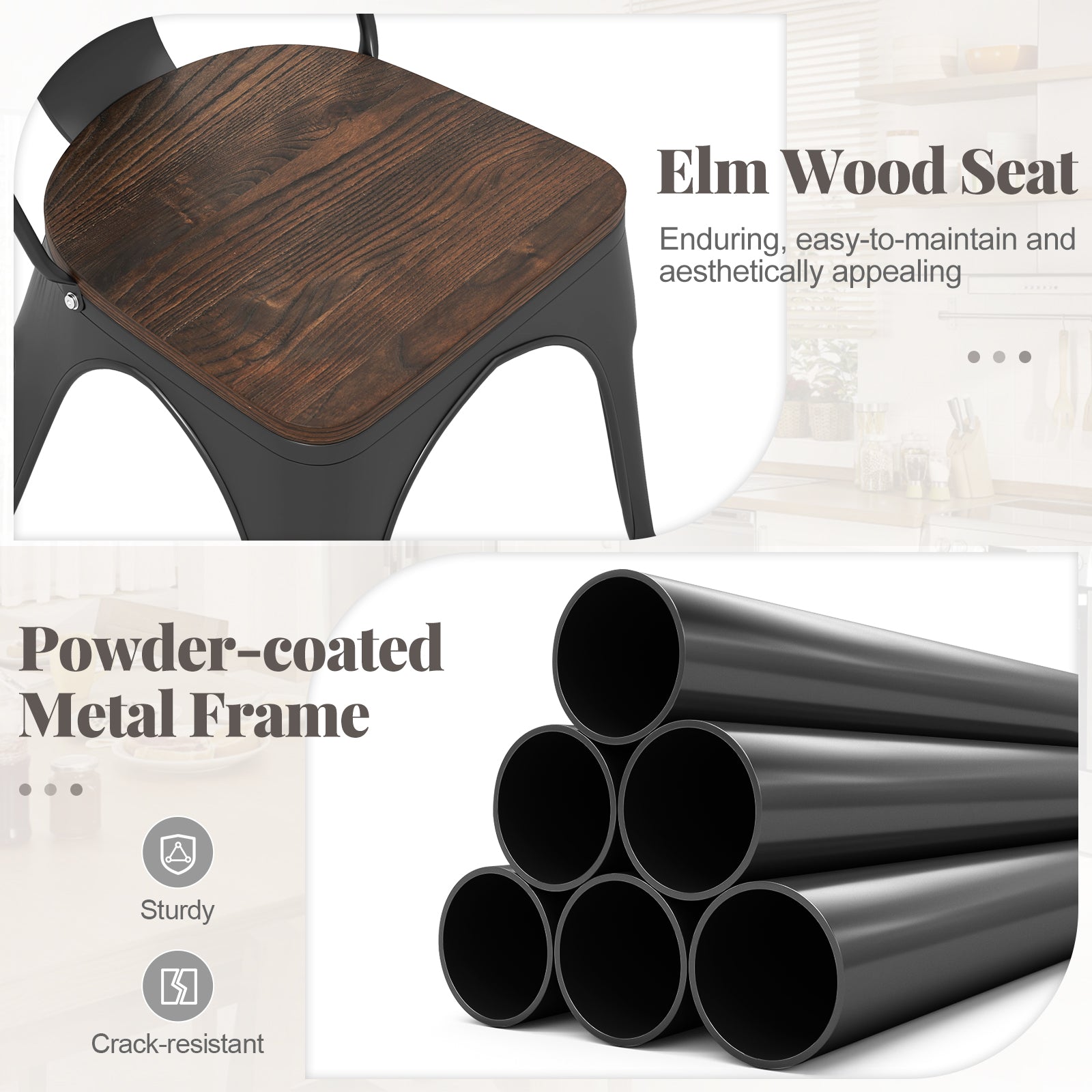 Metal Dining Chairs, Set of 4, Stackable, Wood Seat, Black Dining Chairs at Gallery Canada