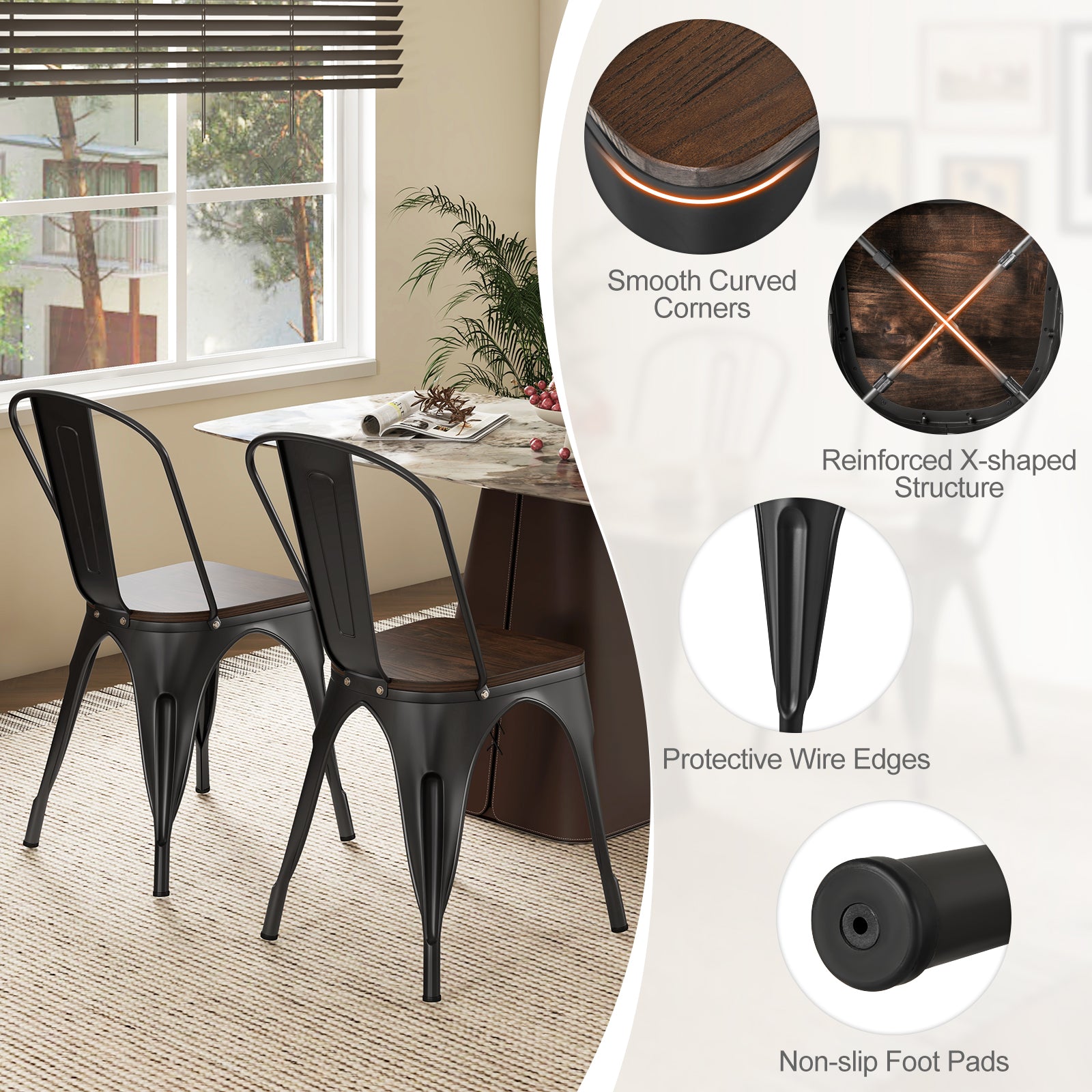 Metal Dining Chairs, Set of 4, Stackable, Wood Seat, Black Dining Chairs at Gallery Canada