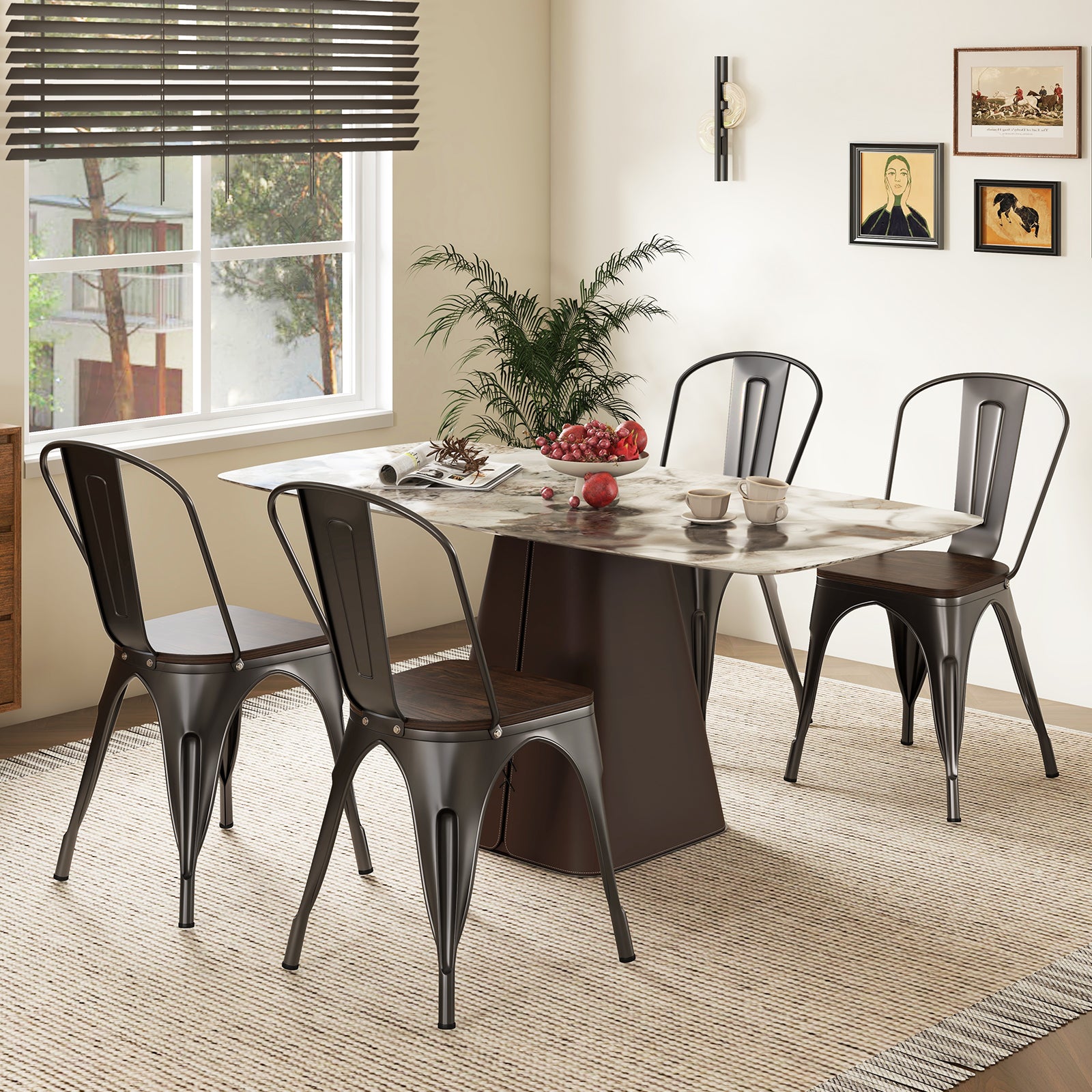 Metal Dining Chairs Set of 4 Tolix Style Stackable Kitchen Chairs with Wood Seat, Gun Dining Chairs at Gallery Canada