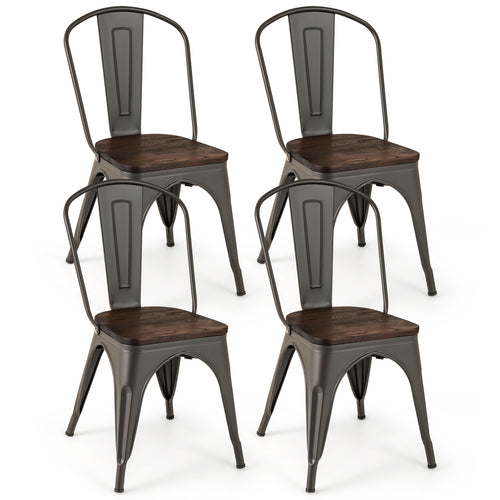 Metal Dining Chairs Set of 4 Tolix Style Stackable Kitchen Chairs with Wood Seat, Gun