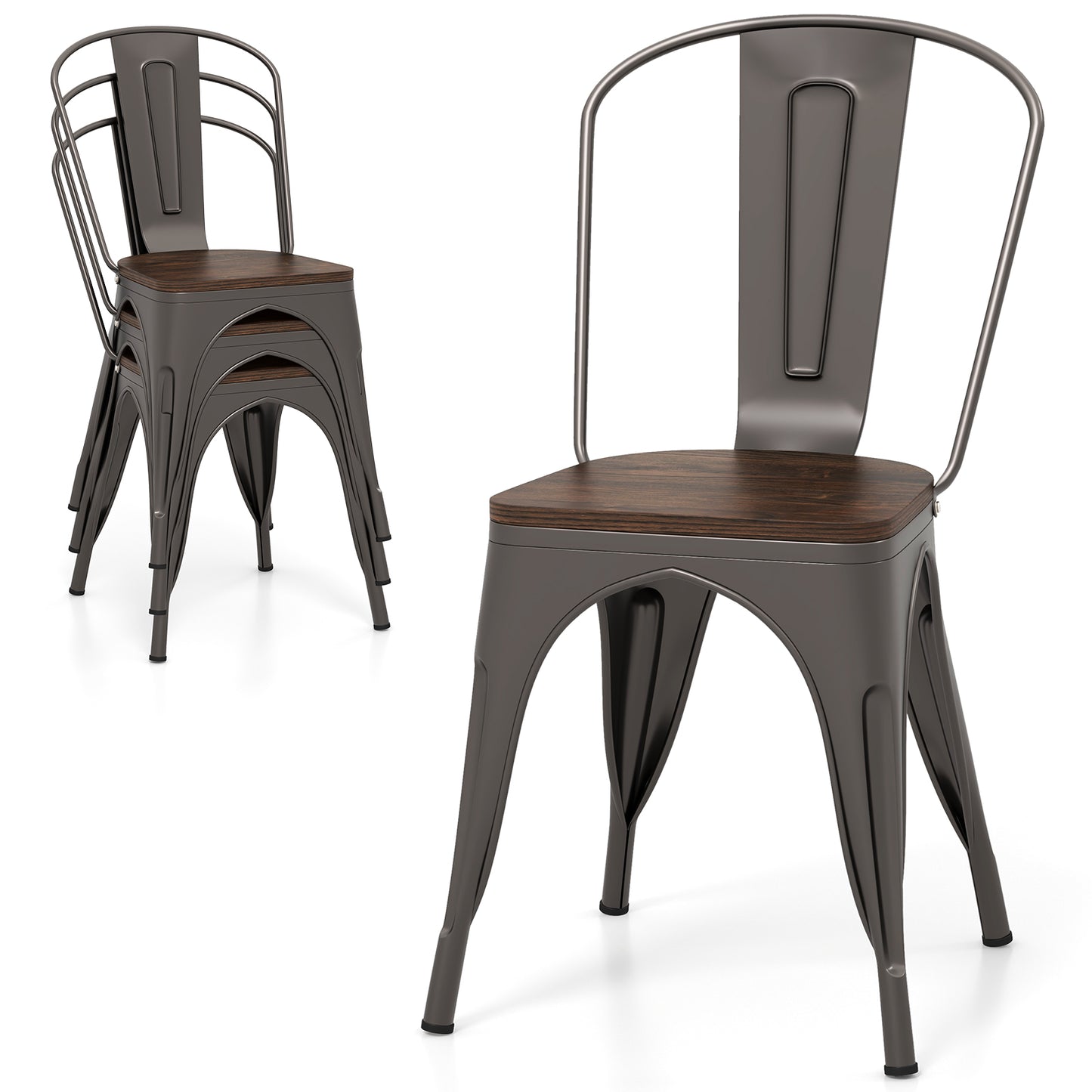 Metal Dining Chairs Set of 4 Tolix Style Stackable Kitchen Chairs with Wood Seat, Gun Dining Chairs at Gallery Canada